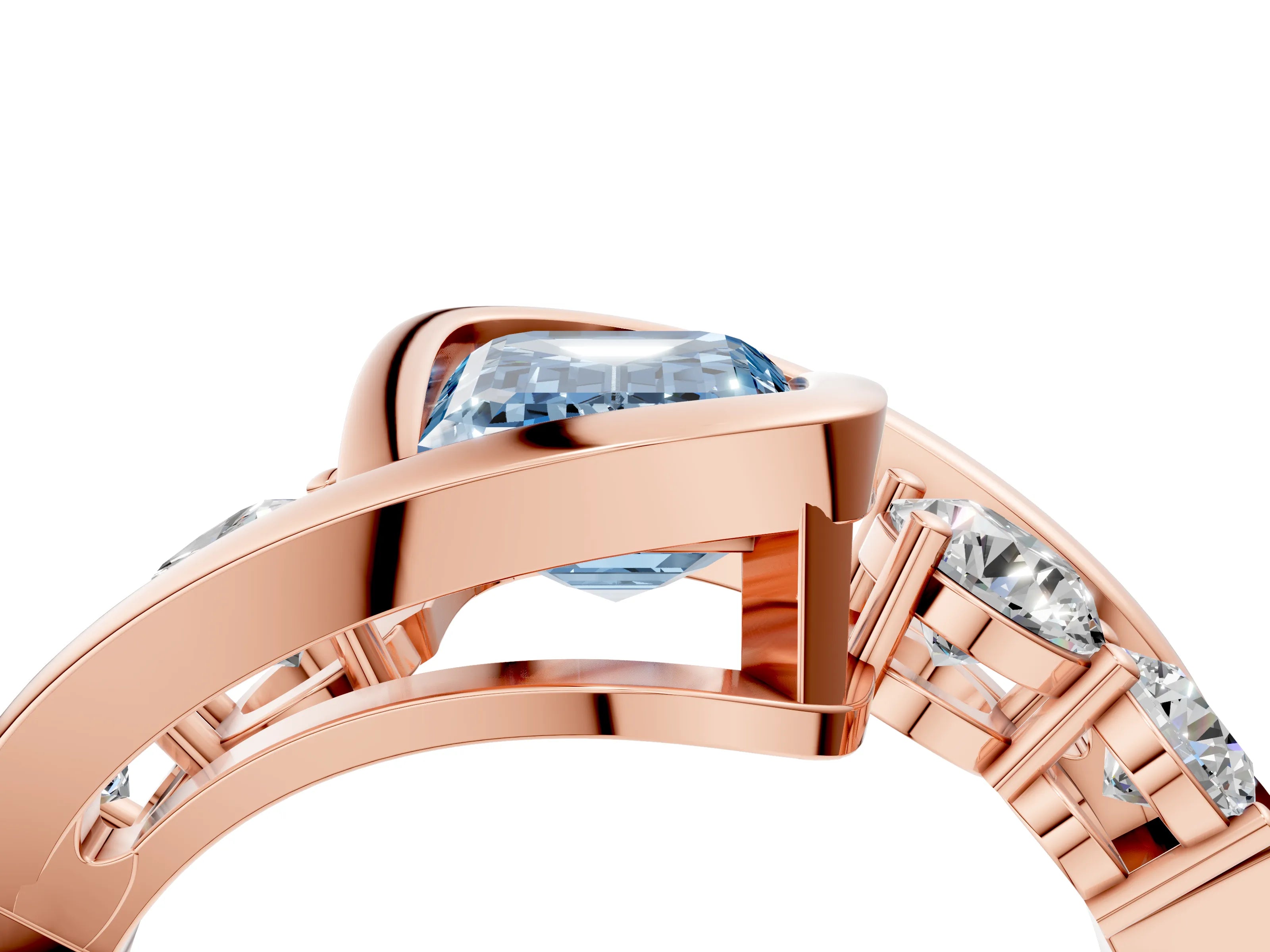 Rose gold Bezel Set Fancy Blue Emerald Cut Diamond Split Shank Ring_4