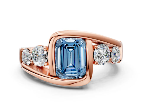 Rose gold Bezel Set Fancy Blue Emerald Cut Diamond Split Shank Ring