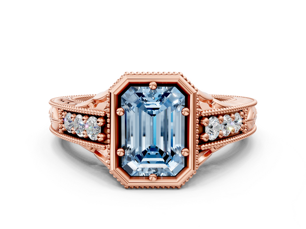 Rose gold Bezel Set Fancy Blue Emerald  Diamond Milgrain Pave Engagement Ring