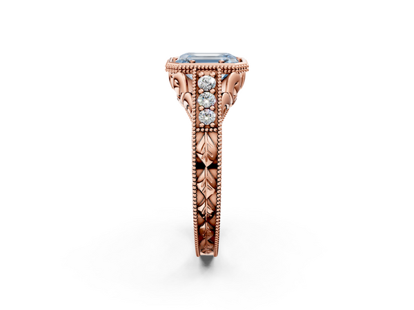 Rose gold Bezel Set Fancy Blue Emerald  Diamond Milgrain Pave Engagement Ring