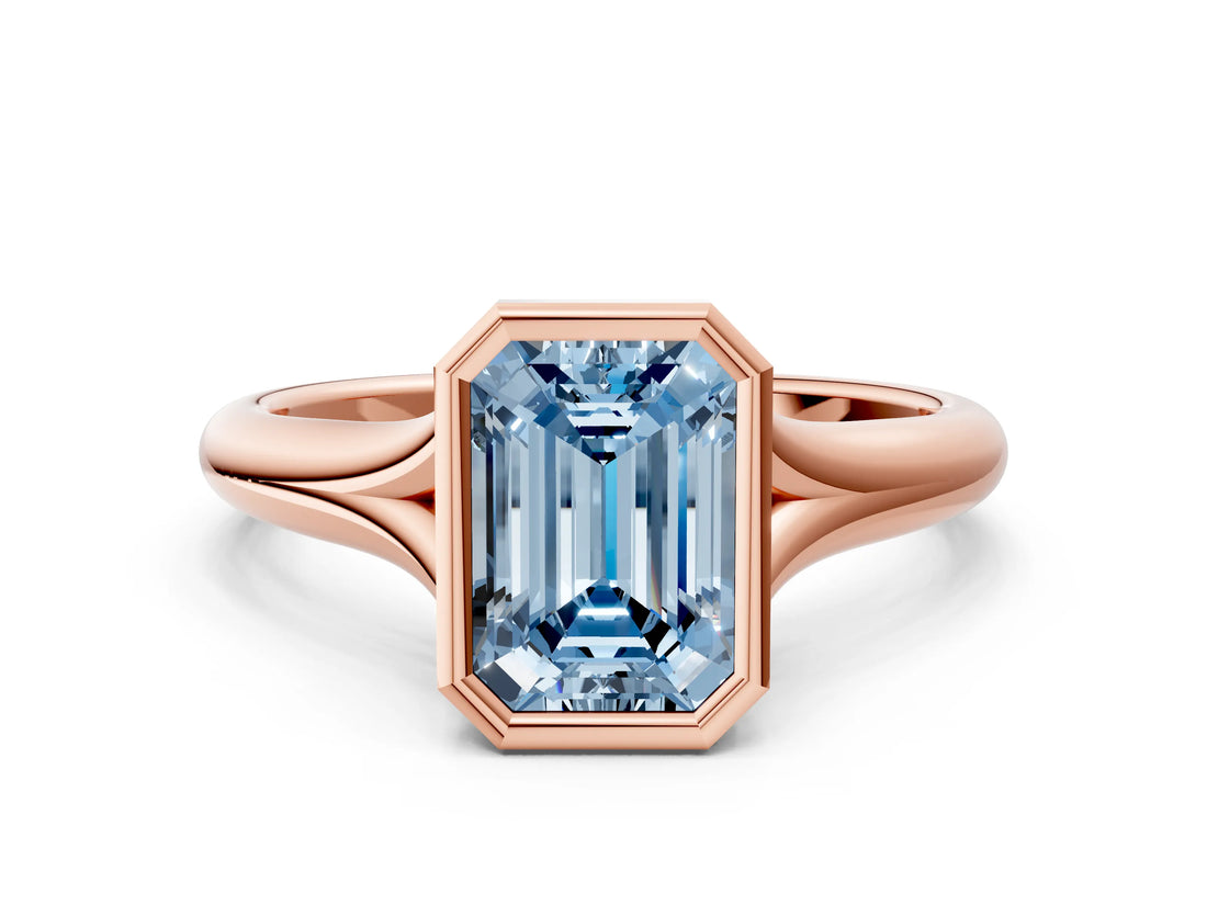 Rose gold Bezel Set Fancy Blue Emerald  Solitaire Diamond Ring with Smooth Band