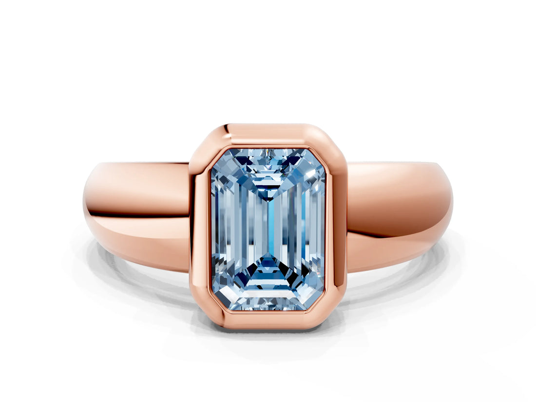 Rose gold Bezel Set Fancy Blue Emerald  Solitaire Ring with Wide Band