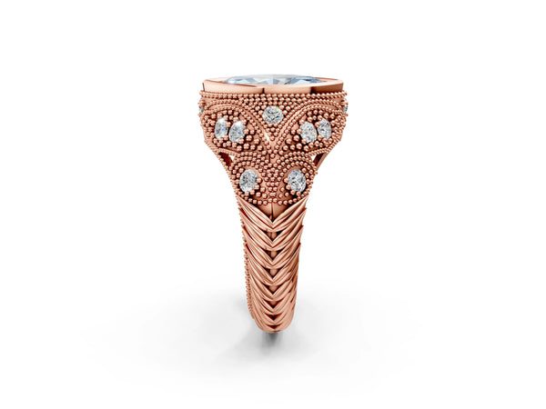 Rose Gold Marquise Vintage Bezel Engagement Ring Setting for Fancy Blue Center with Milgrain