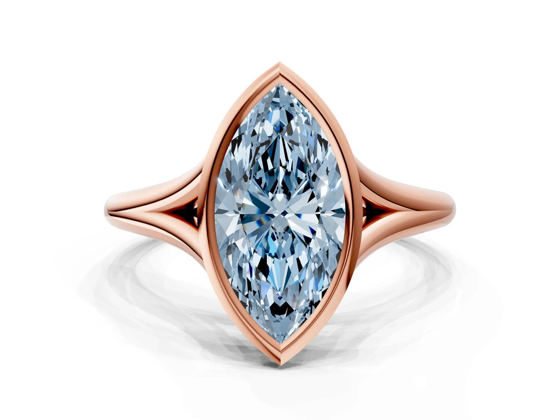 Rose gold Bezel Set Fancy Blue Marquise  Cut Solitaire Ring with Tapered Band