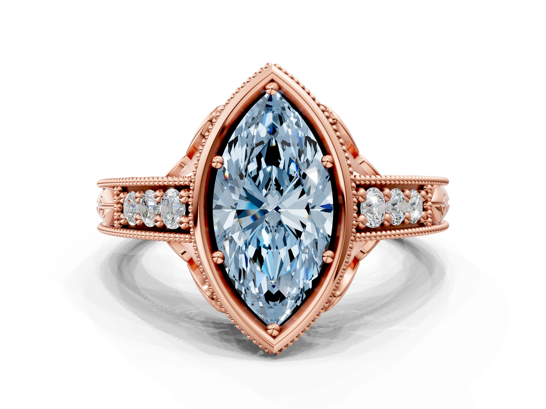 Rose gold Bezel Set Fancy Blue Marquise  Diamond Milgrain Pave Engagement Ring_33