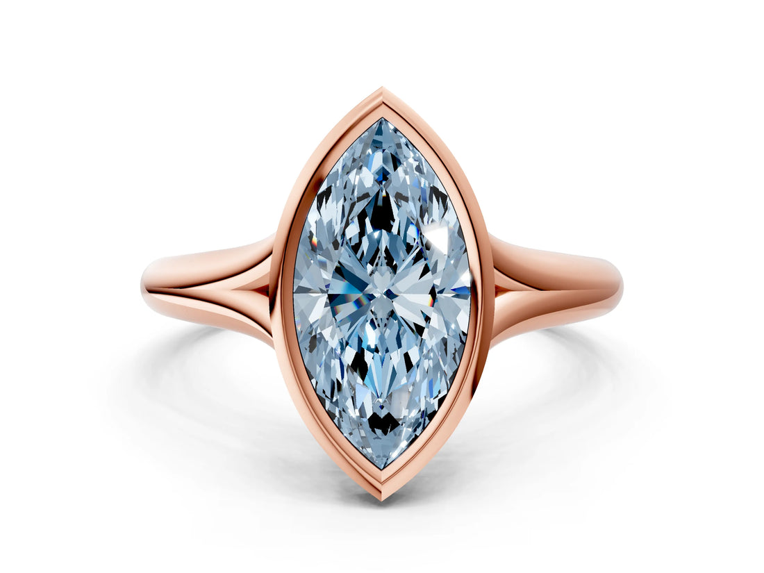 Rose gold Bezel Set Fancy Blue Marquise  Solitaire Diamond Ring with Smooth Band