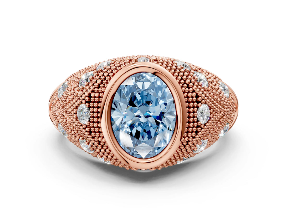 Rose gold Bezel Set Fancy Blue Oval Cut Diamond Milgrain Band Ring