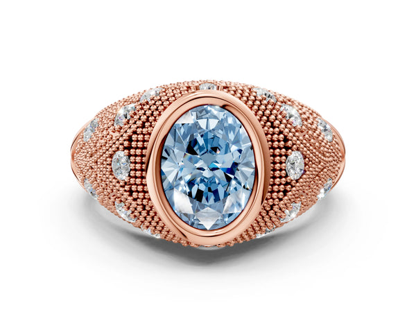 Rose gold Bezel Set Fancy Blue Oval Cut Diamond Milgrain Band Ring