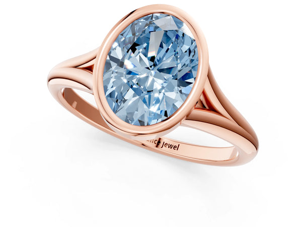 Rose Gold Oval Bezel Solitaire Engagement Ring Setting for Fancy Blue Center with V Split Shank