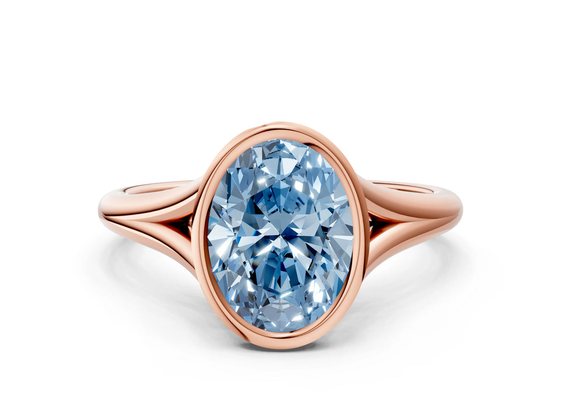 Rose gold Bezel Set Fancy Blue Oval  Cut Solitaire Ring with Tapered Band