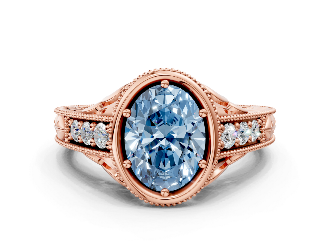 Rose gold Bezel Set Fancy Blue Oval  Diamond Milgrain Pave Engagement Ring_33