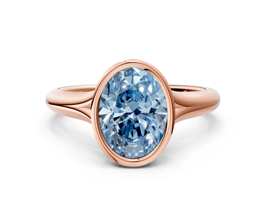 Rose gold Bezel Set Fancy Blue Oval  Solitaire Diamond Ring with Smooth Band