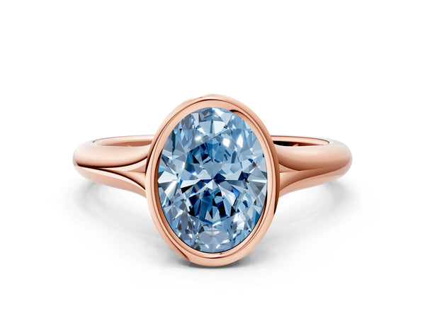Rose Gold Oval Bezel Solitaire Engagement Ring Setting for Fancy Blue Center with Split Shoulders