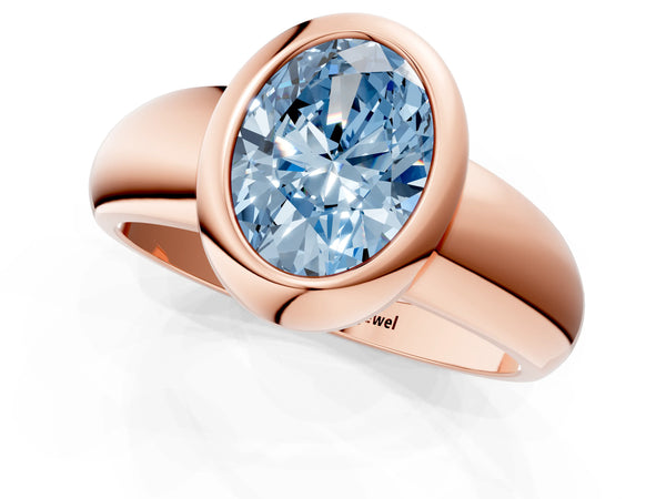 Rose gold Bezel Set Fancy Blue Oval  Solitaire Ring with Wide Band