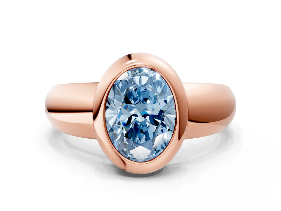 Rose gold Bezel Set Fancy Blue Oval  Solitaire Ring with Wide Band