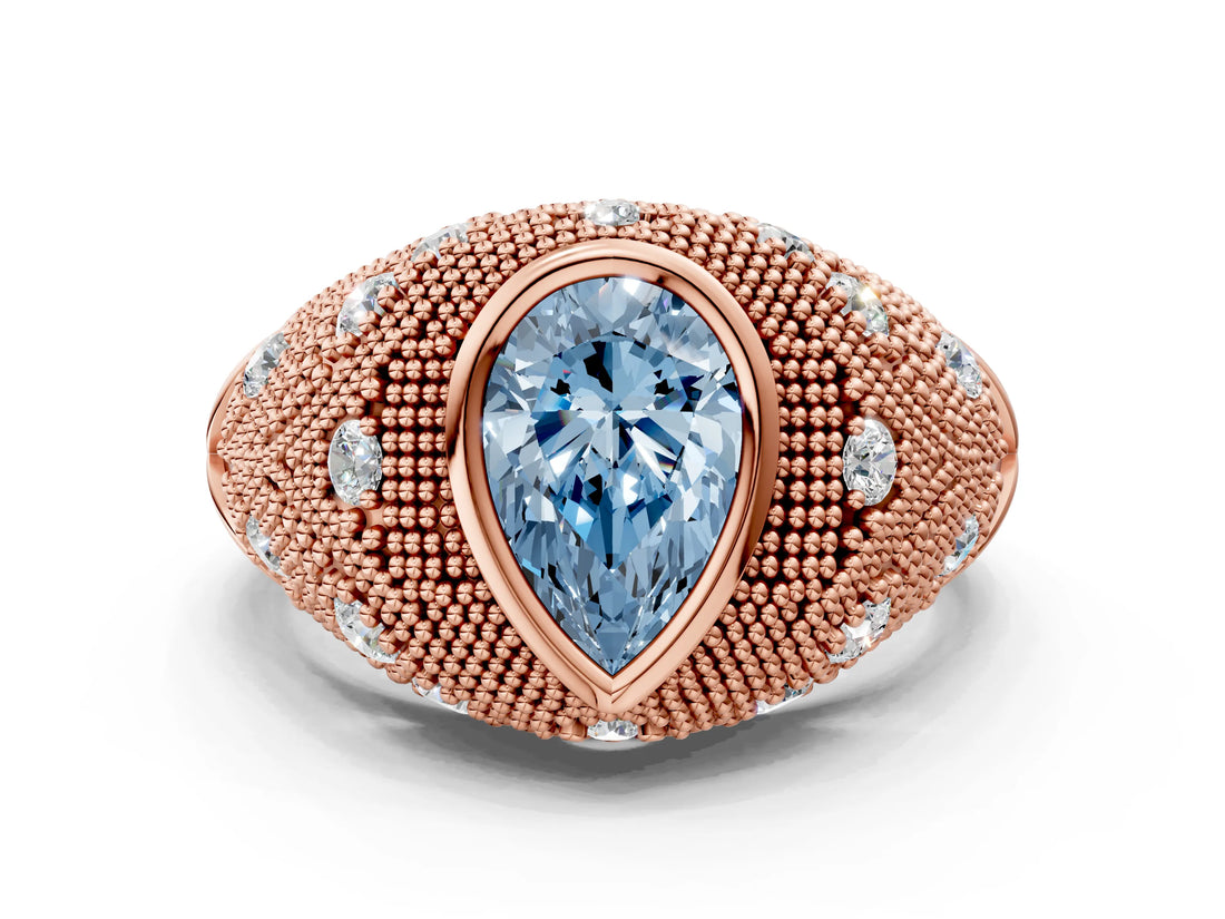 Rose gold Bezel Set Fancy Blue Pear Cut Diamond Milgrain Band Ring