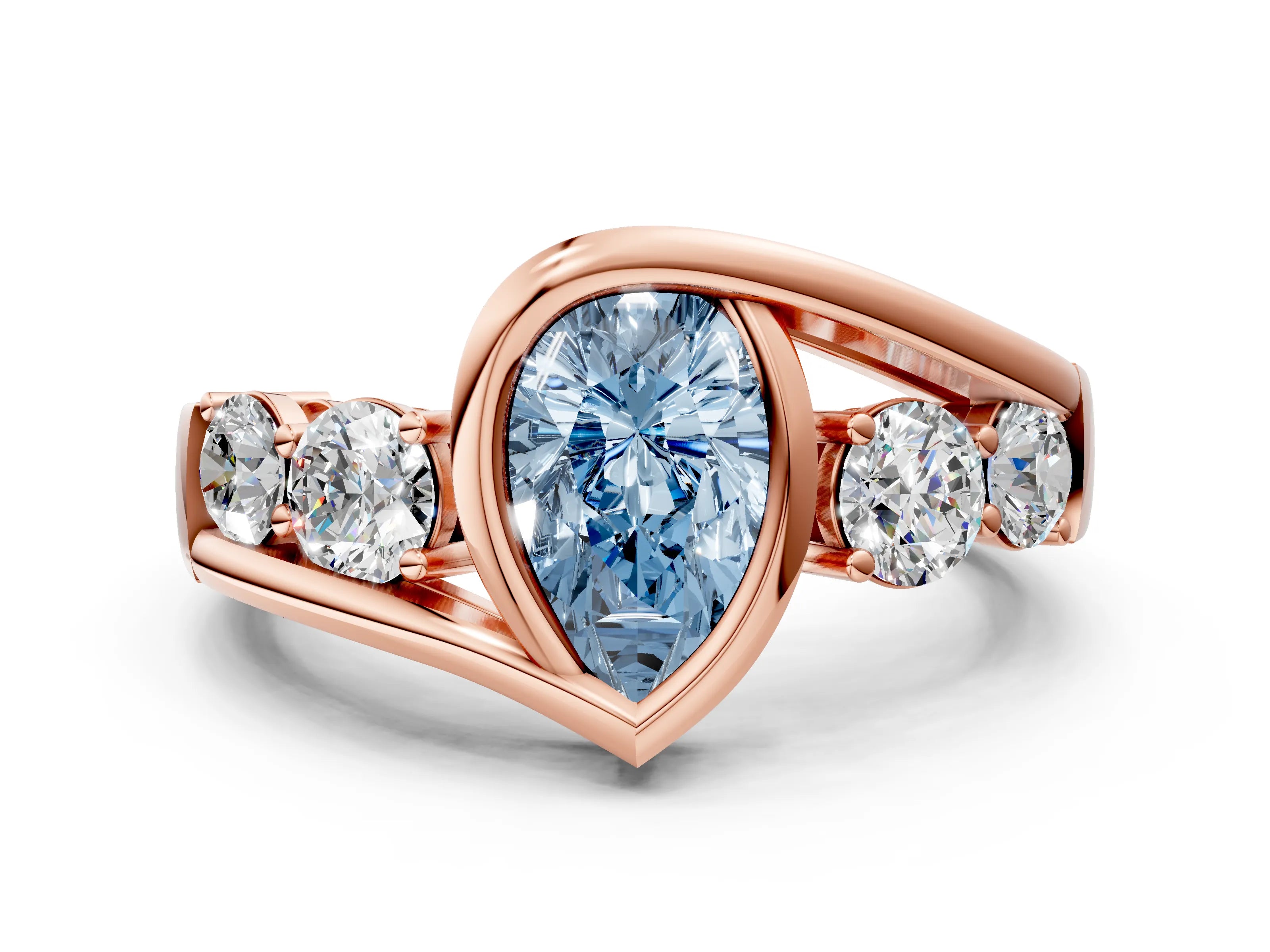 Rose gold Bezel Set Fancy Blue Pear Cut Diamond Split Shank Ring