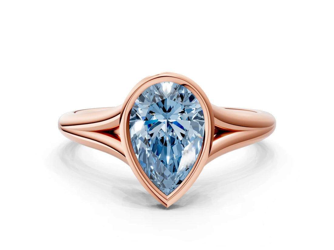 Rose gold Bezel Set Fancy Blue Pear  Cut Solitaire Ring with Tapered Band 1