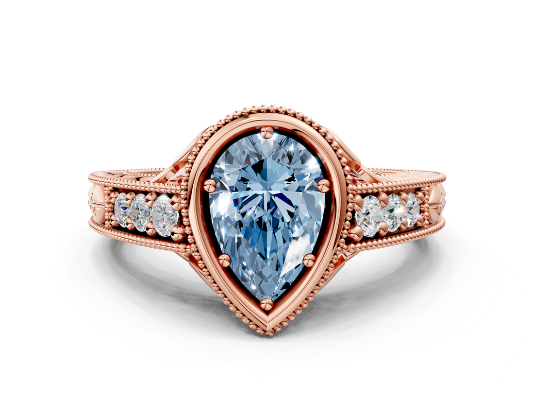 Rose gold Bezel Set Fancy Blue Pear  Diamond Milgrain Pave Engagement Ring_31