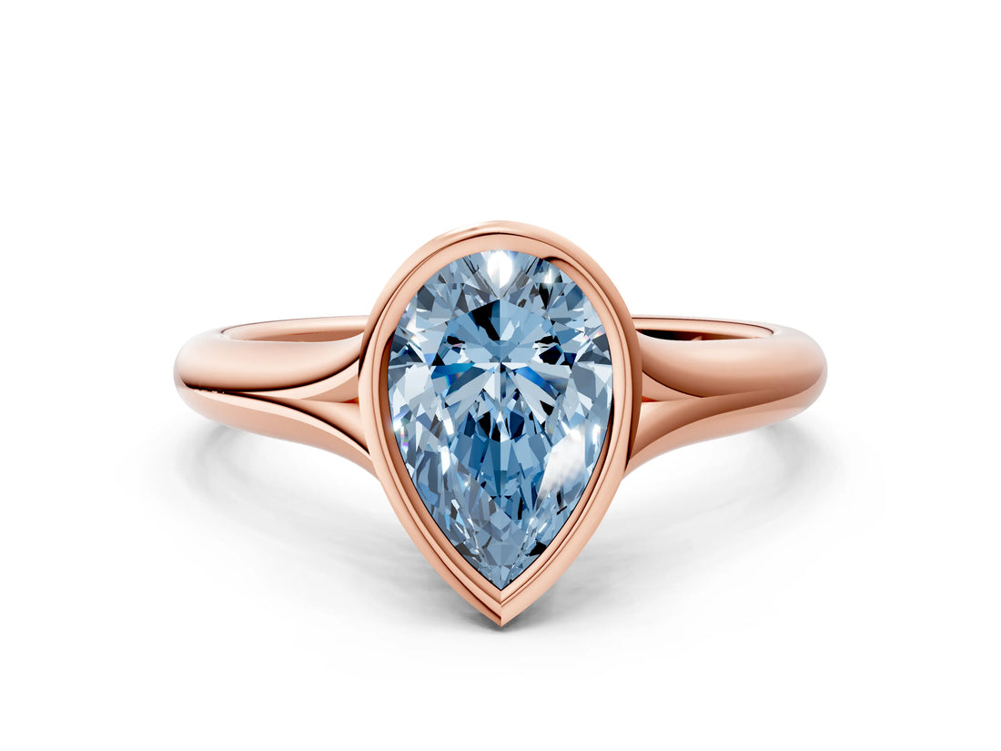 Rose gold Bezel Set Fancy Blue Pear  Solitaire Diamond Ring with Smooth Band 2