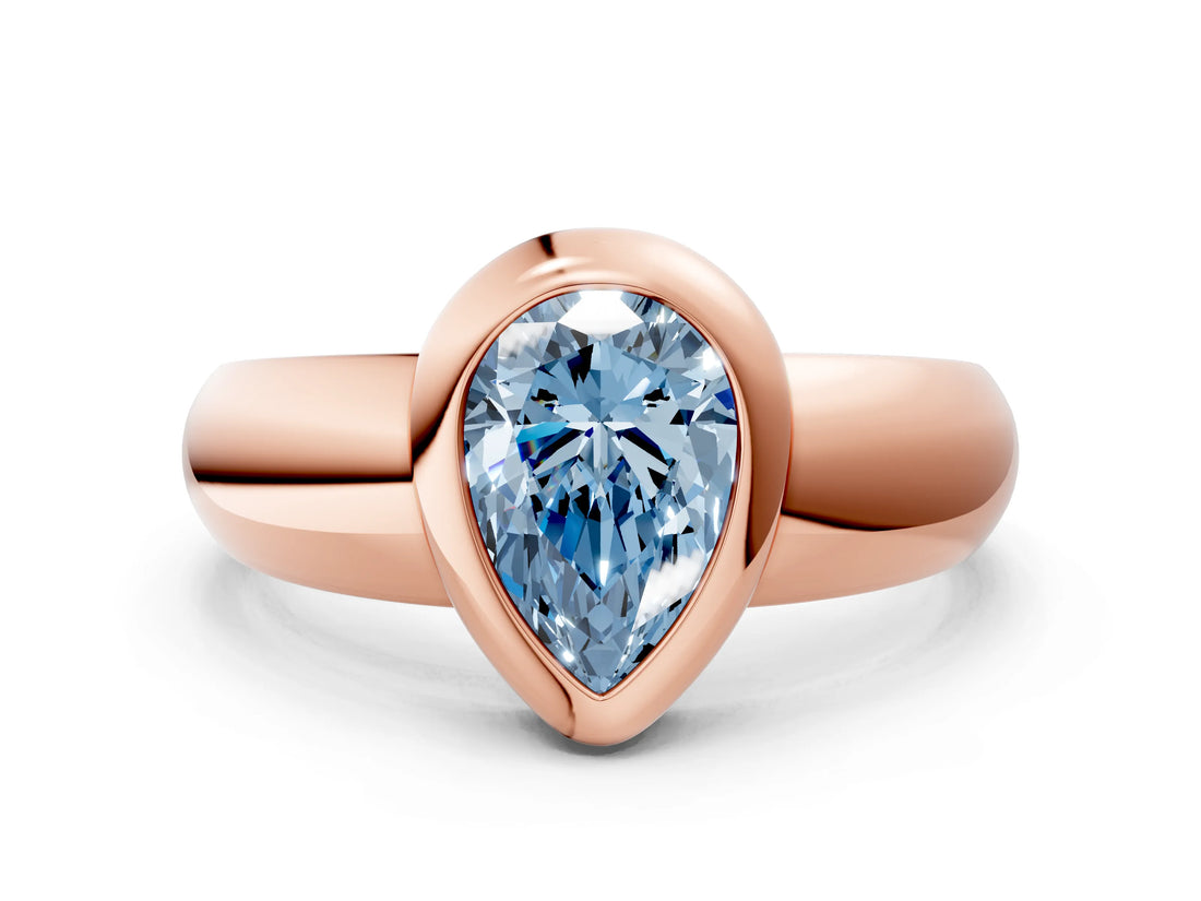 Rose gold Bezel Set Fancy Blue Pear  Solitaire Ring with Wide Band