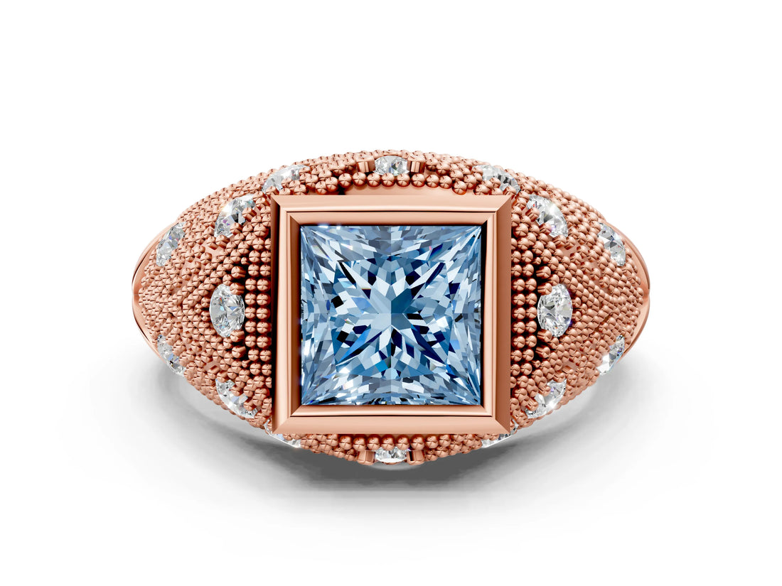Rose gold Bezel Set Fancy Blue Princess Cut Diamond Milgrain Band Ring