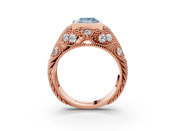 Rose Gold Princess Cut Vintage Bezel Engagement Ring Setting for Fancy Blue Center with Milgrain