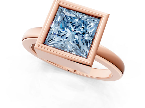Rose gold Bezel Set Fancy Blue Princess Cut Solitaire Engagement Ring with Classic Band