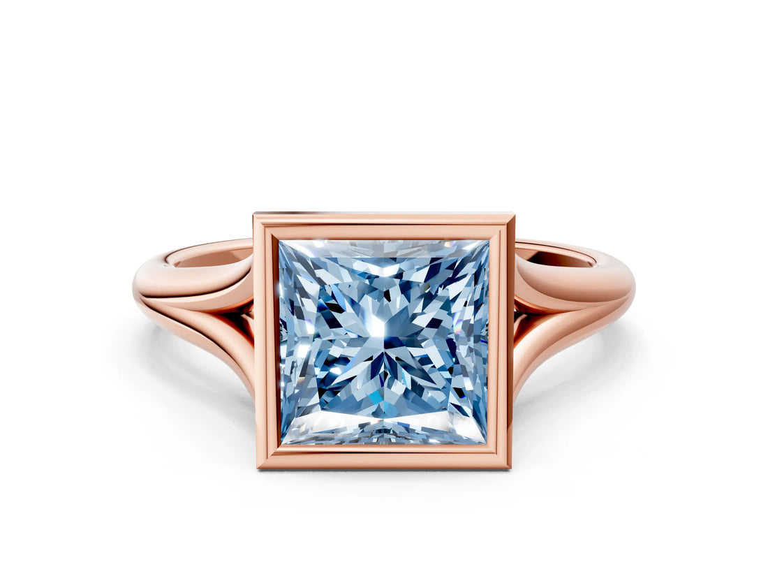 Rose gold Bezel Set Fancy Blue Princess  Cut Solitaire Ring with Tapered Band