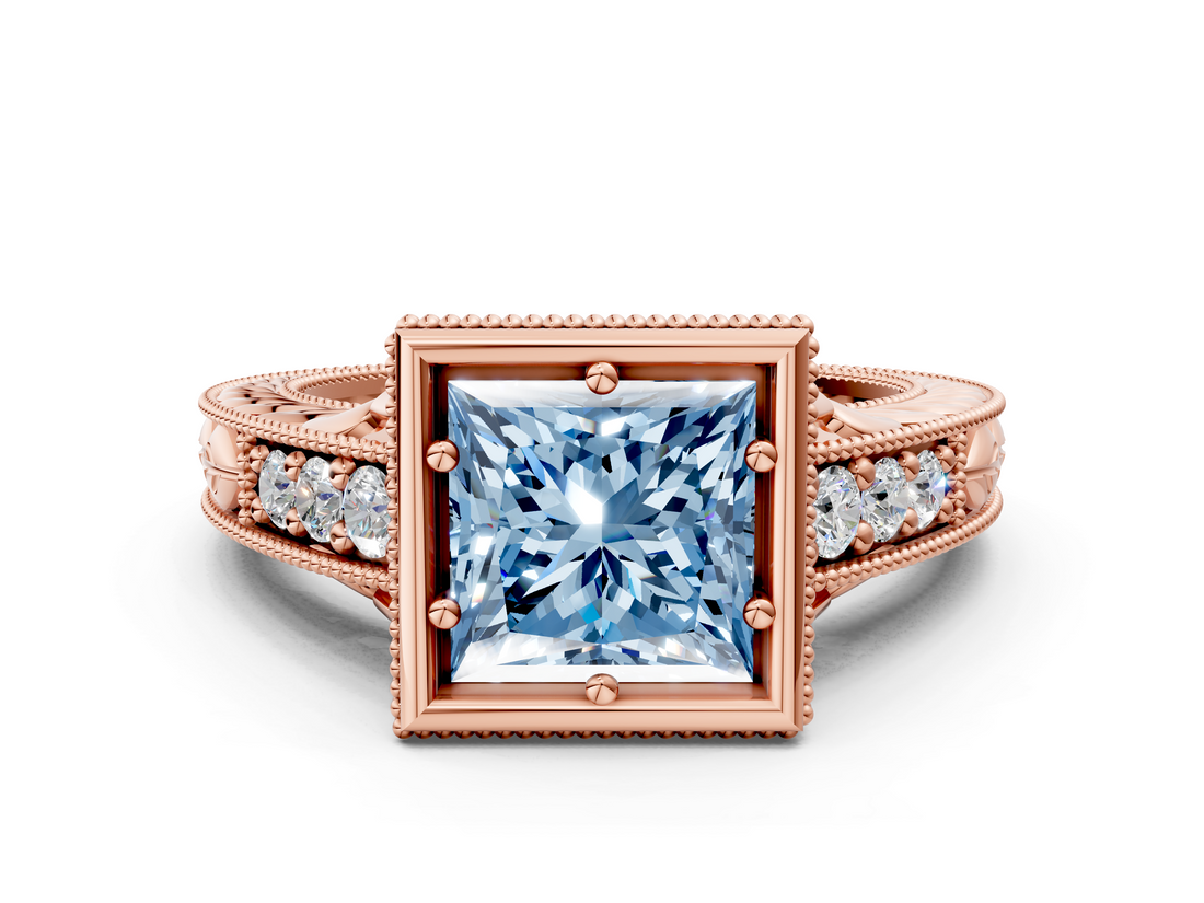 Rose gold Bezel Set Fancy Blue Princess  Diamond Milgrain Pave Engagement Ring_33