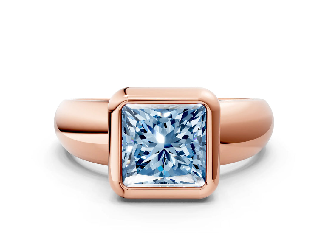 Rose gold Bezel Set Fancy Blue Princess  Solitaire Ring with Wide Band