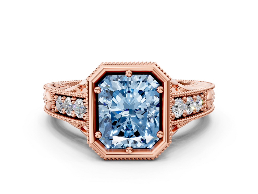 Rose gold Bezel Set Fancy Blue Radiant  Diamond Milgrain Pave Engagement Ring_33