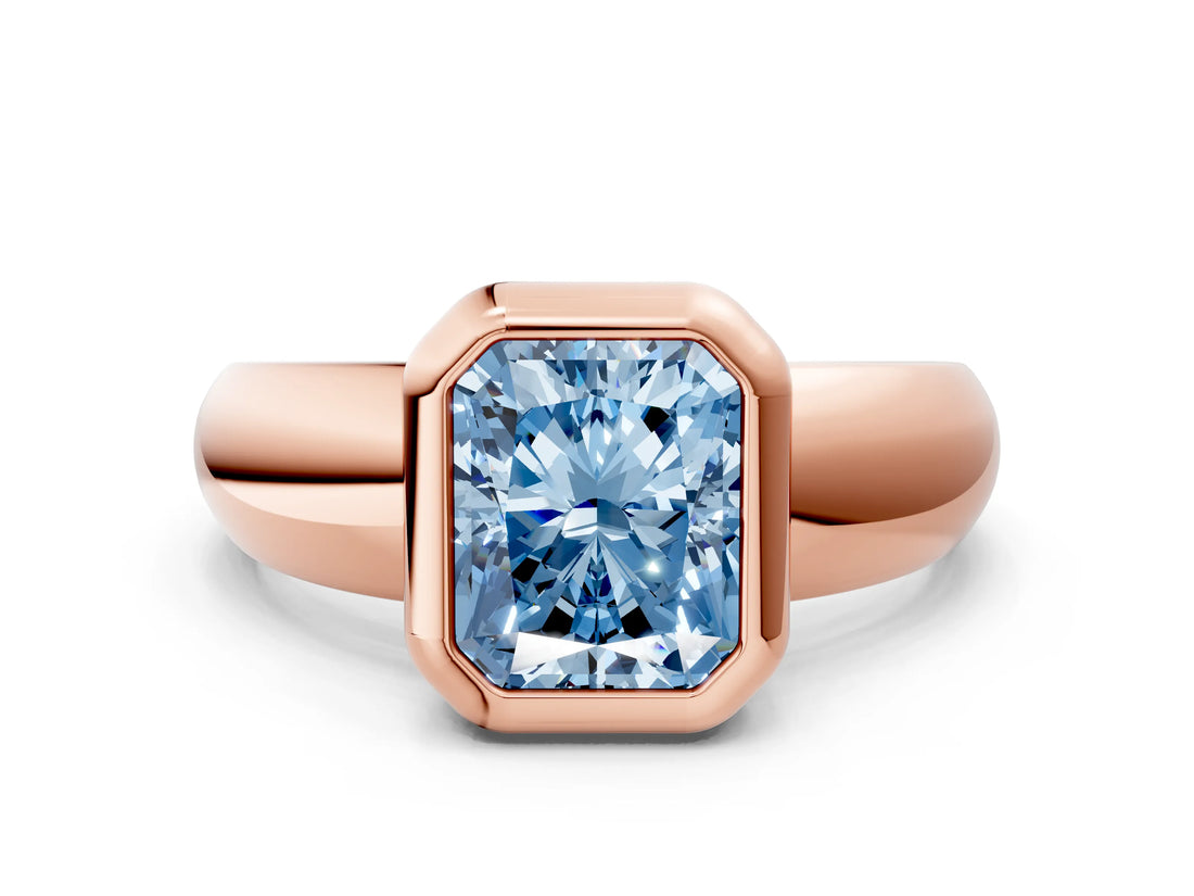 Rose gold Bezel Set Fancy Blue Radiant  Solitaire Ring with Wide Band 1