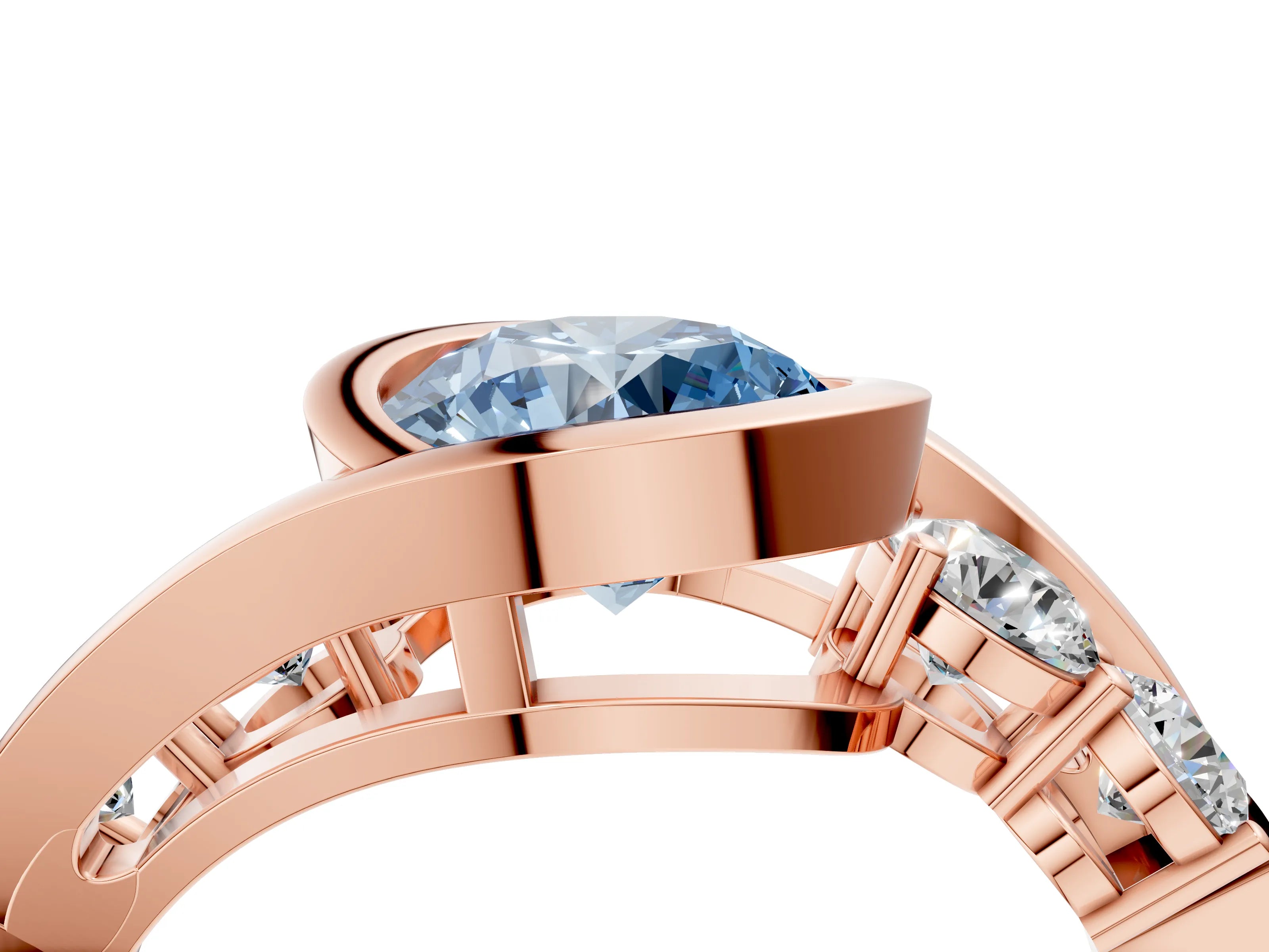 Rose gold Bezel Set Fancy Blue Round Cut Diamond Split Shank Ring_4