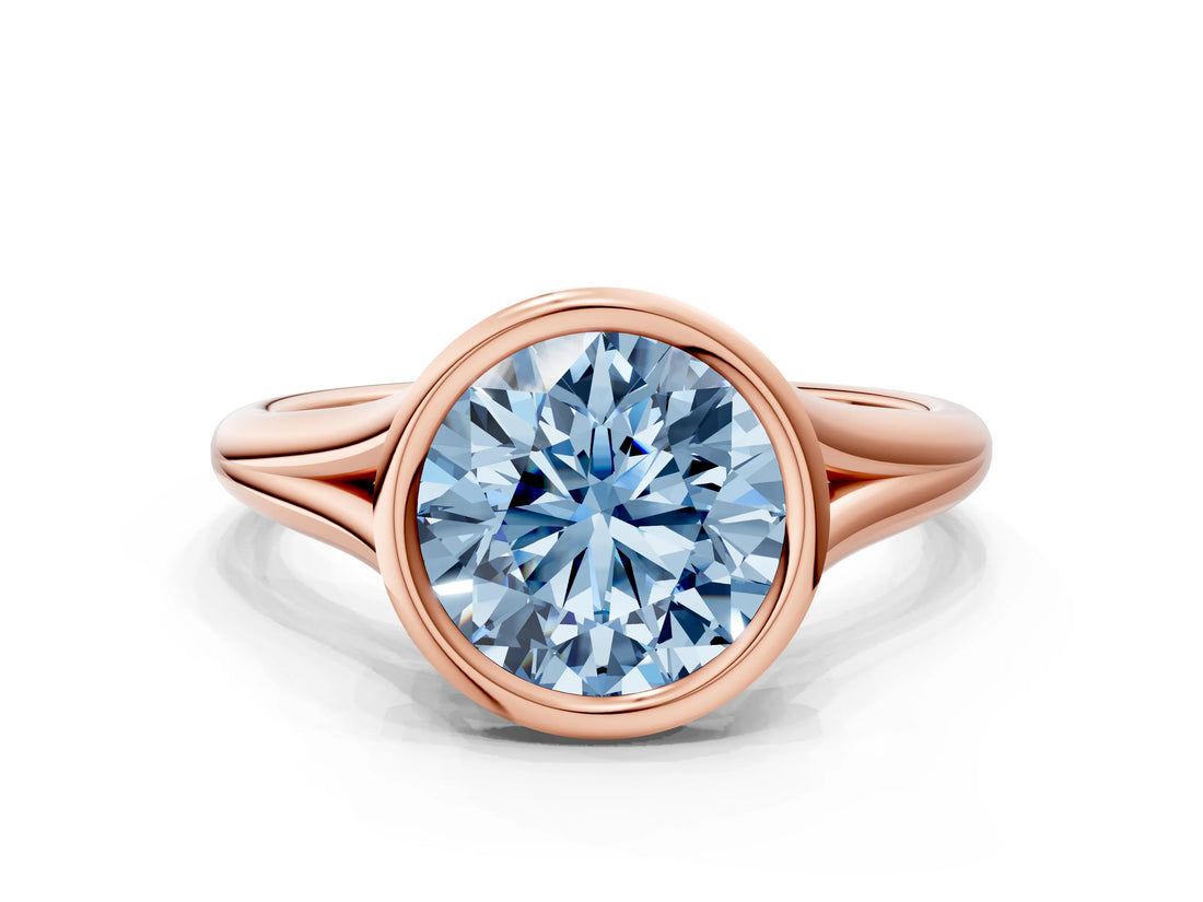 Rose gold Bezel Set Fancy Blue Round  Cut Solitaire Ring with Tapered Band
