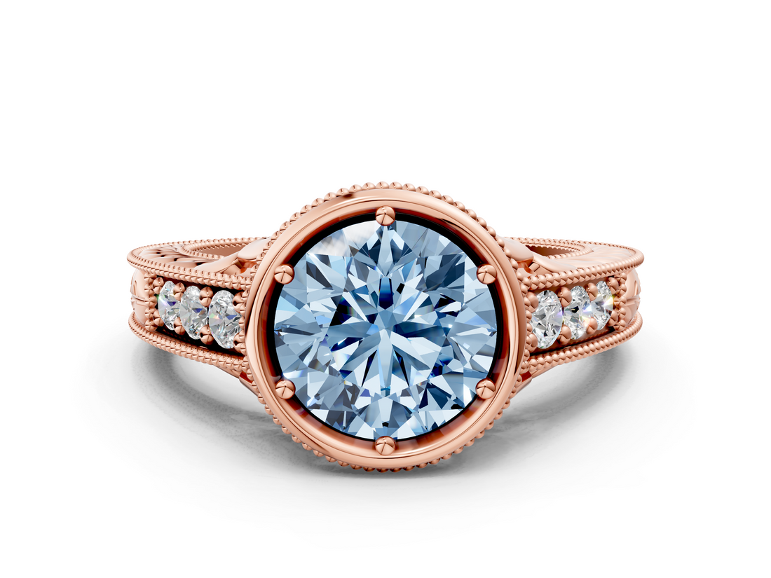 Rose gold Bezel Set Fancy Blue Round  Diamond Milgrain Pave Engagement Ring_33
