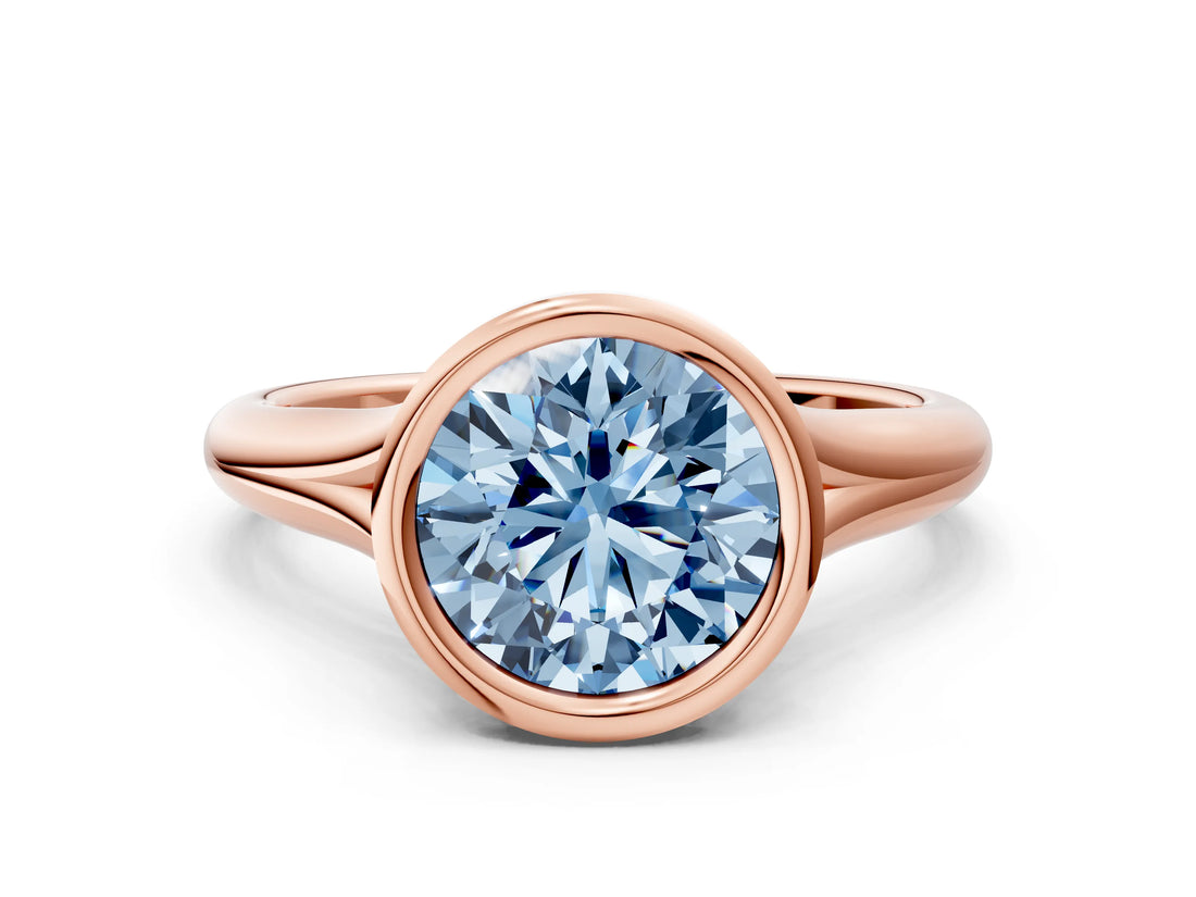 Rose gold Bezel Set Fancy Blue Round  Solitaire Diamond Ring with Smooth Band 1