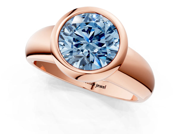 Rose gold Bezel Set Fancy Blue Round  Solitaire Ring with Wide Band