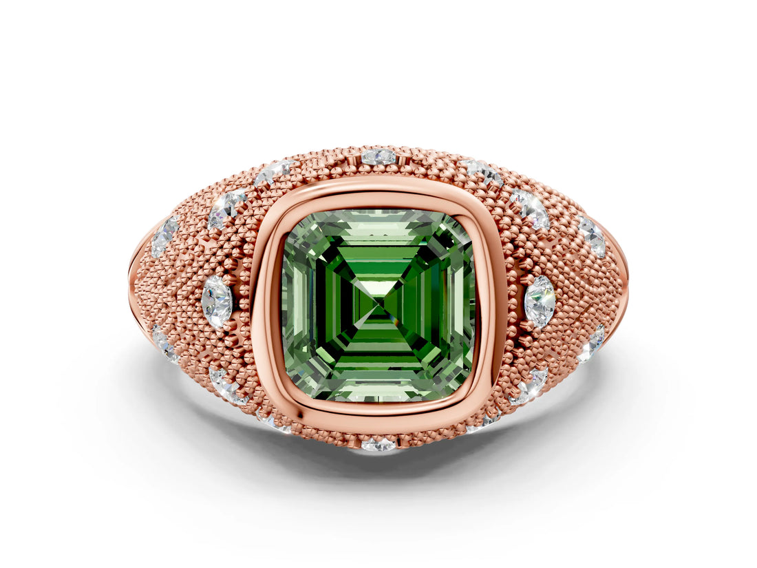 Rose gold Bezel Set Fancy Green Asscher Cut Diamond Milgrain Band Ring