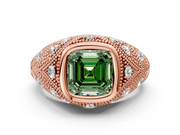 Rose Gold Asscher Cut Vintage Bezel Engagement Ring Setting for Fancy Green Center with Milgrain