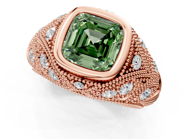 Rose Gold Asscher Cut Vintage Bezel Engagement Ring Setting for Fancy Green Center with Milgrain