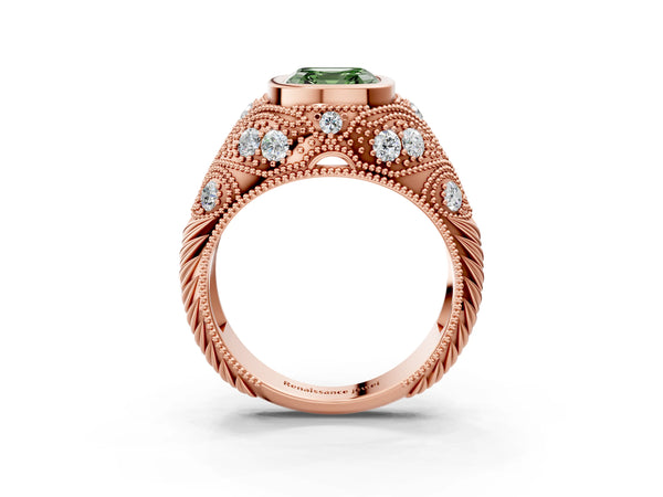 Rose Gold Asscher Cut Vintage Bezel Engagement Ring Setting for Fancy Green Center with Milgrain
