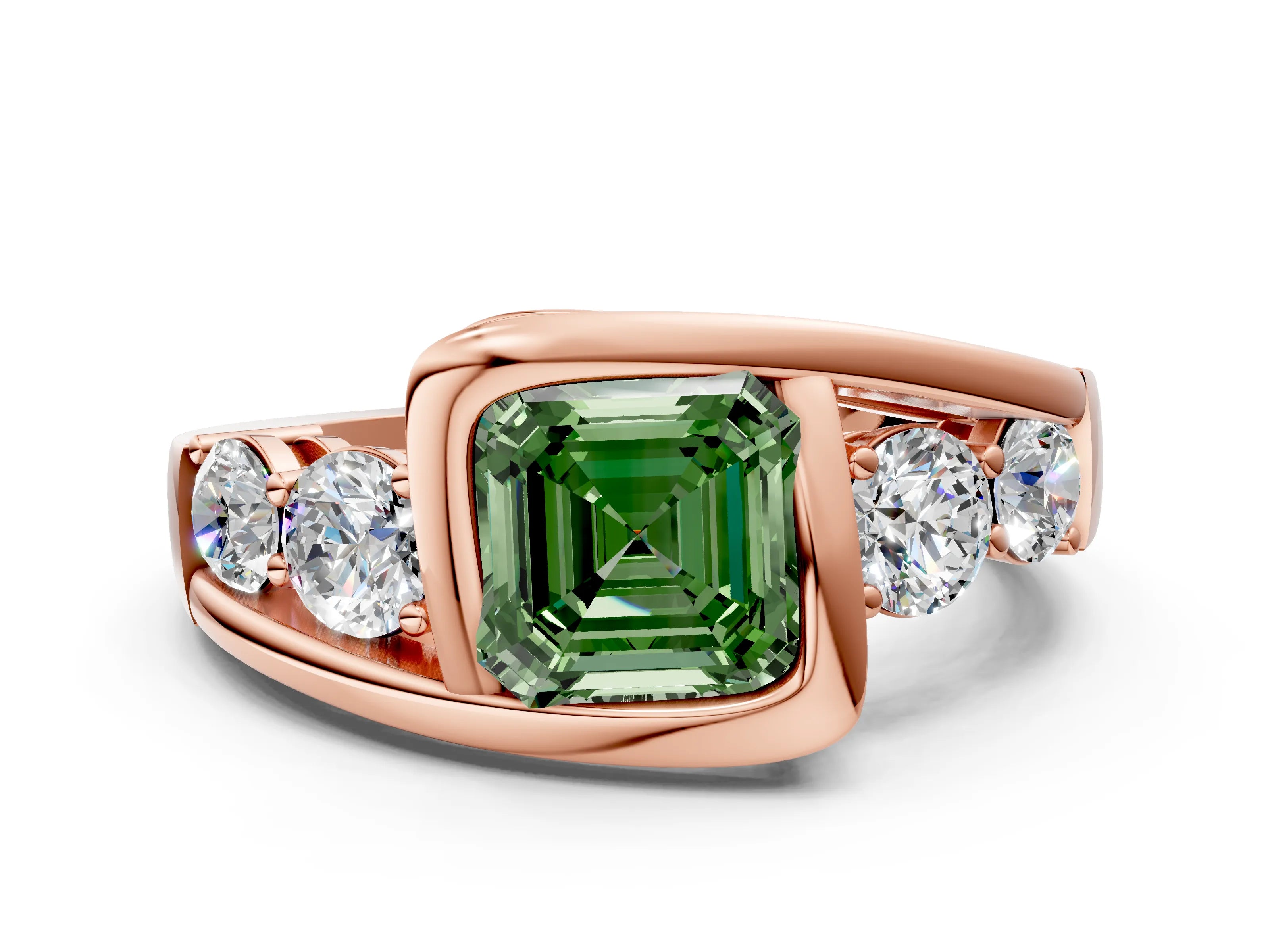 Rose gold Bezel Set Fancy Green Asscher Cut Diamond Split Shank Ring