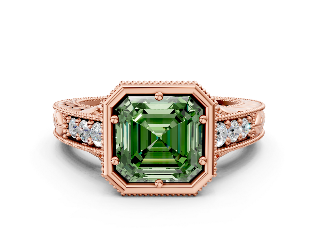 Rose gold Bezel Set Fancy Green Asscher  Diamond Milgrain Pave Engagement Ring_18