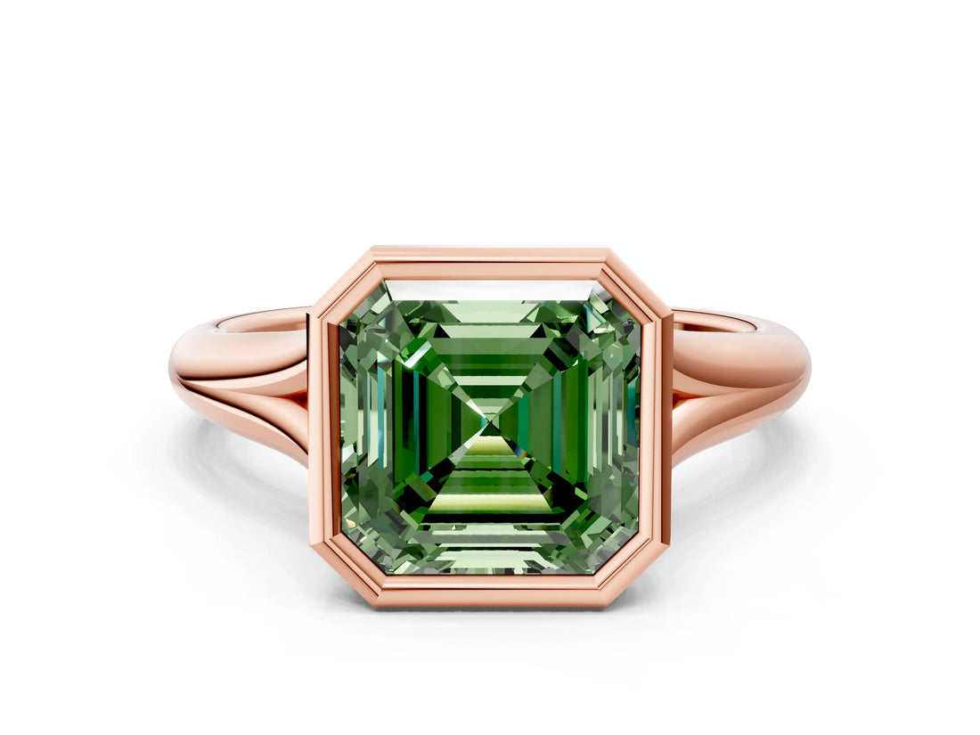Rose gold Bezel Set Fancy Green Asscher  Solitaire Diamond Ring with Smooth Band