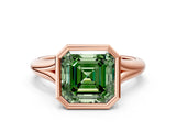 Rose gold Bezel Set Fancy Green Asscher  Solitaire Diamond Ring with Smooth Band