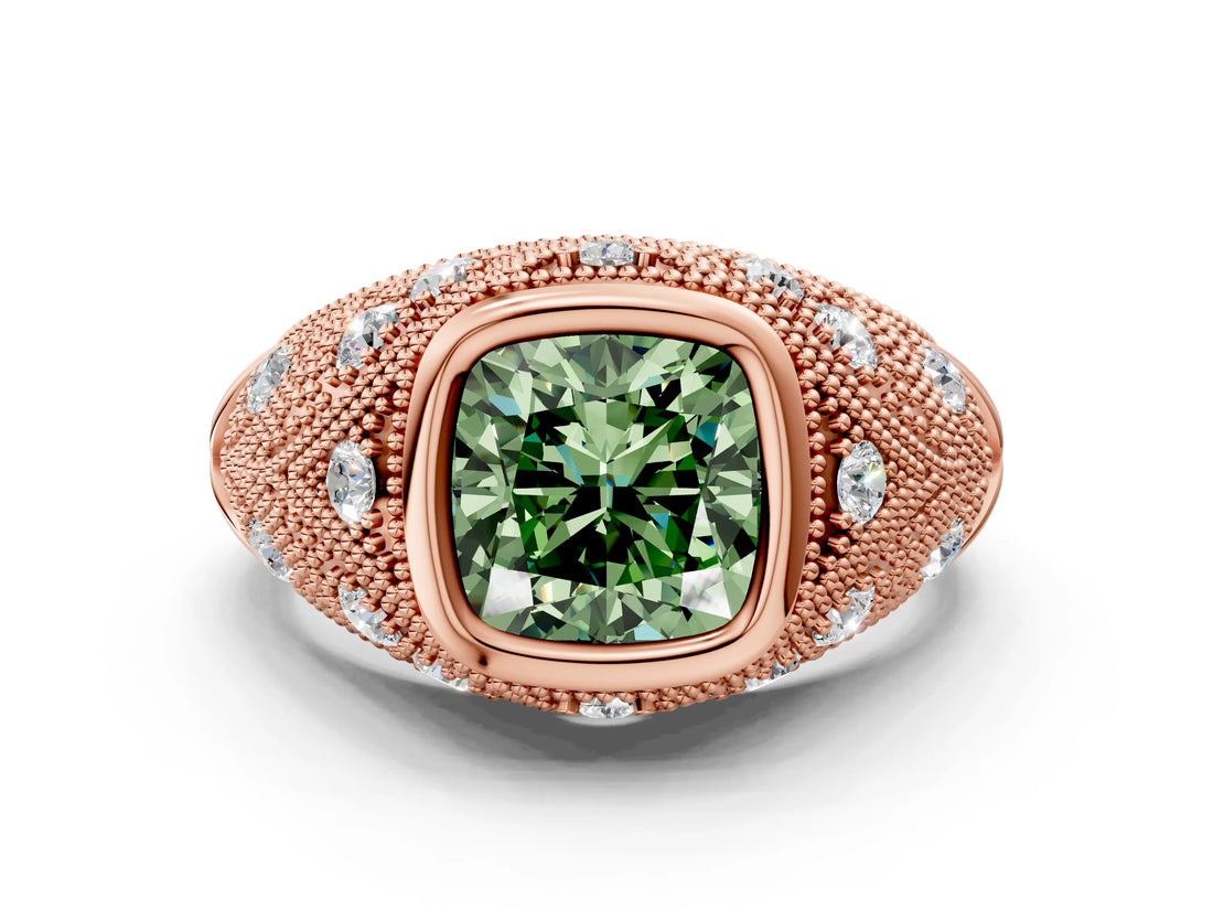 Rose gold Bezel Set Fancy Green Cushion Cut Diamond Milgrain Band Ring
