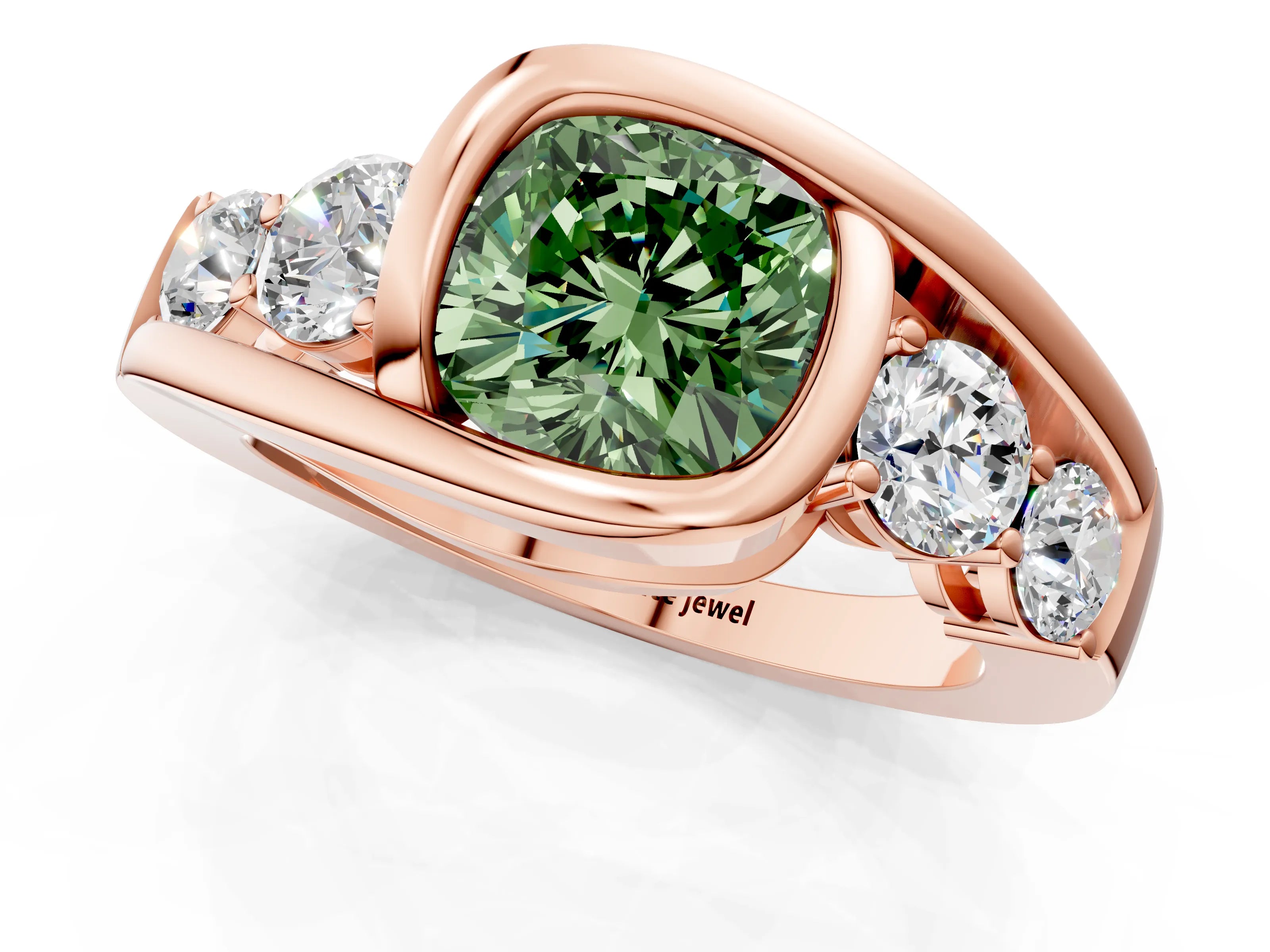 Rose gold Bezel Set Fancy Green Cushion Cut Diamond Split Shank Ring_1
