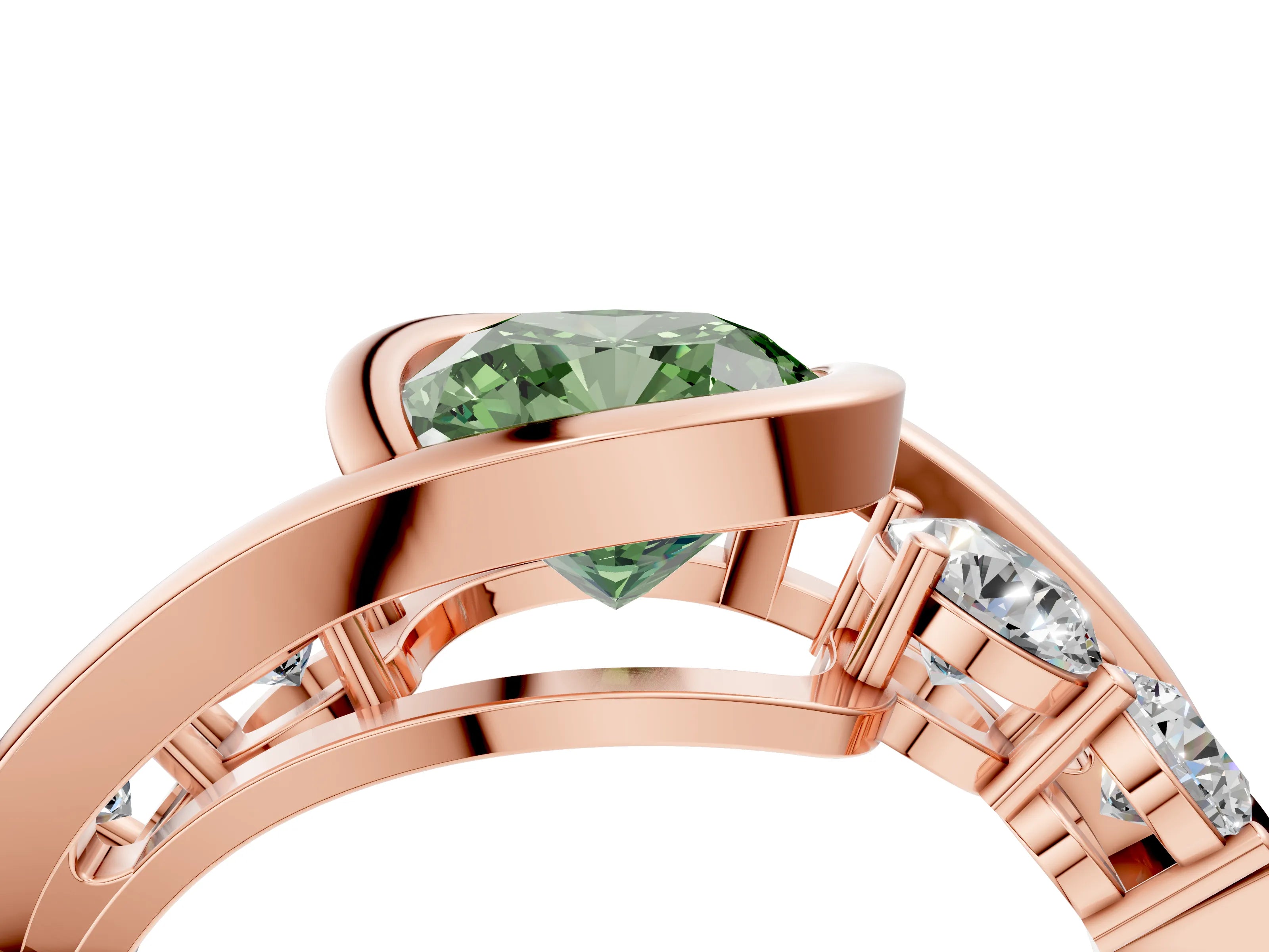 Rose gold Bezel Set Fancy Green Cushion Cut Diamond Split Shank Ring_4