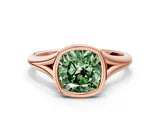 Rose gold Bezel Set Fancy Green Cushion  Cut Solitaire Ring with Tapered Band